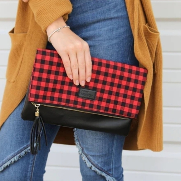 Funky Monkey Red Black Buffalo Check Plaid Foldover Clutch Bag Purse NWOT - Picture 2 of 11